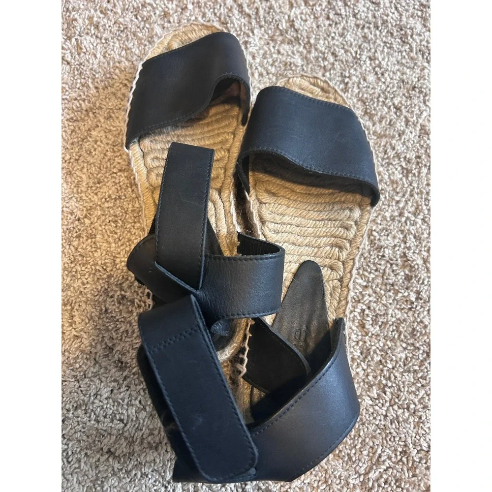 Vince Black Leather Ankle Strap Platform Espadrille Sandals Made in Spain 7M‎
